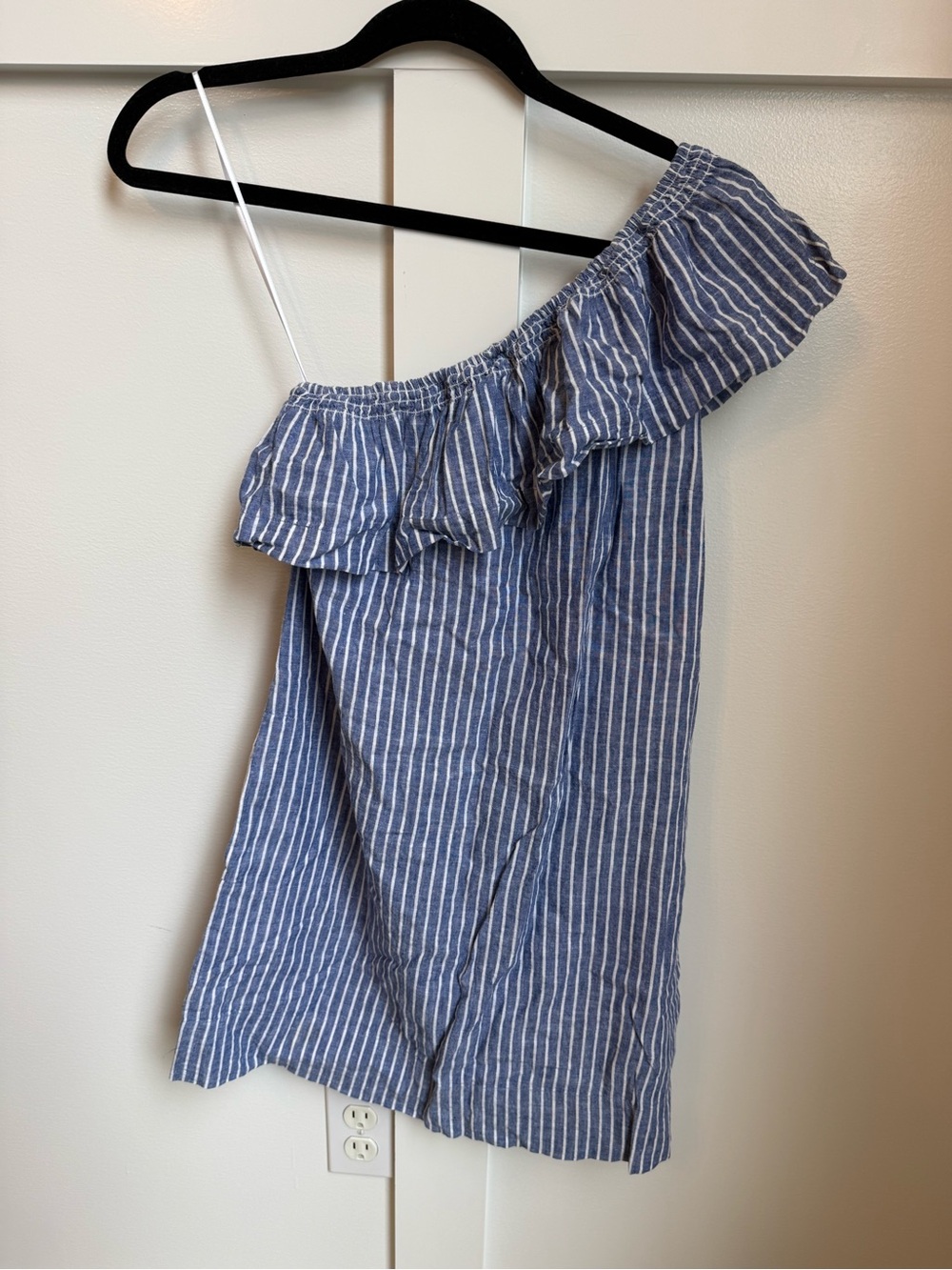 Madewell Blue and White One-Shoulder Ruffle Mini Dress Linen Cotton S